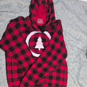 Red and Black Plaid Hoodie with Tree Logo